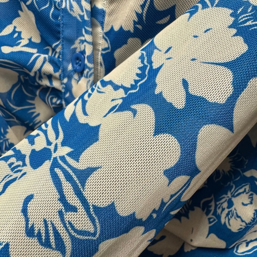 Y2K Mesh Rouched Button Top - Large - Blue and Offwhite Flowers Rave Festival - Picture 6 of 10